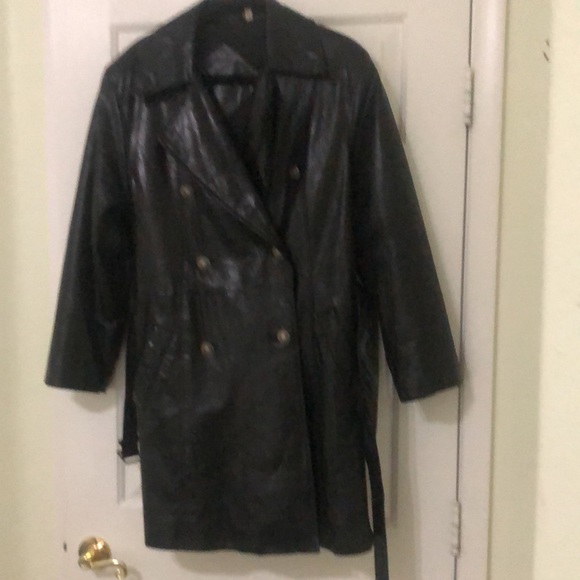 REAL Leather black trench coat jacket pockets - Picture 2 of 8